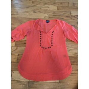 Angie Women's sheer Coral Blouse With Studded Front v-neck & 3/4 Sleeves Small